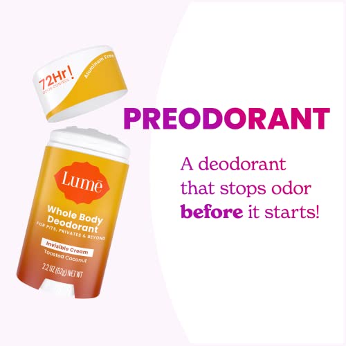 Lume Whole Body Deodorant - Invisible Cream Stick - 72 Hour Odor Control - Aluminum Free, Baking Soda Free, Skin Safe - 2.2 Ounce (Pack of 2) (Toasted Coconut)