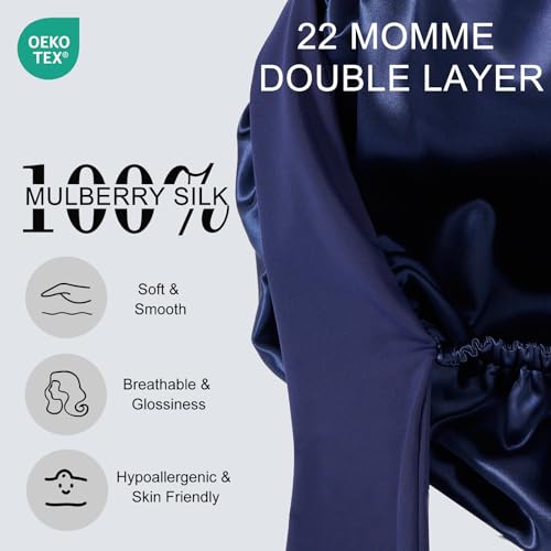 ZIMASILK 22 Momme 100% Mulberry Silk Bonnet for Sleeping Women Double Layer Silk Hair Wrap with Tie Band Stay On Head for Curly Hair Care (1Pc, Navyblue)