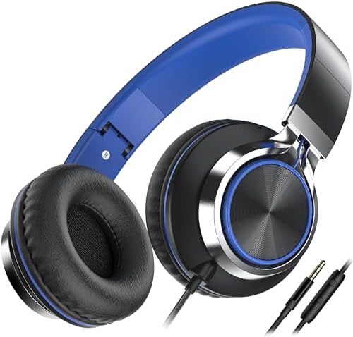 AILIHEN C8 Headphones Wired, On-Ear Kids Headphones with Microphone and Volume Control Foldable Corded Stereo 3.5mm Headset for School Teens Smartphones Chromebook Laptop Tablets Travel (Black Blue)