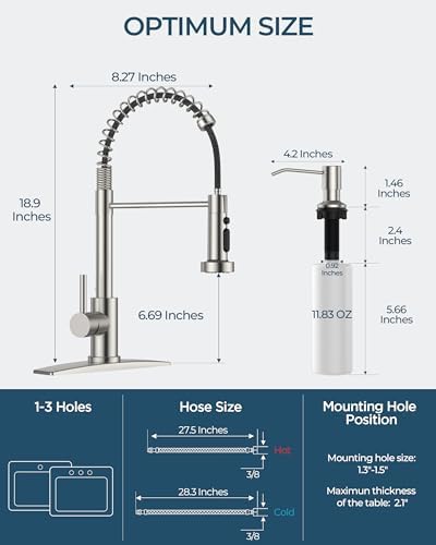 FORIOUS Kitchen Faucet with Soap Dispenser, Burhsed Nickel Stainless Steel Single Handle Modern Spring Commercial Sink Faucet with Pull Down Sprayer for RV Camp Bar Farmhouse