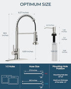 FORIOUS Kitchen Faucet with Soap Dispenser, Burhsed Nickel Stainless Steel Single Handle Modern Spring Commercial Sink Faucet with Pull Down Sprayer for RV Camp Bar Farmhouse