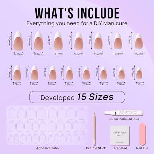 BTArtbox French Tip Press On Nails - Medium Press On Nails Almond, Natural Fake Nail with Nail Glue, Brown Glue On Nails in 15 Sizes - 30 Fake Nails Kit