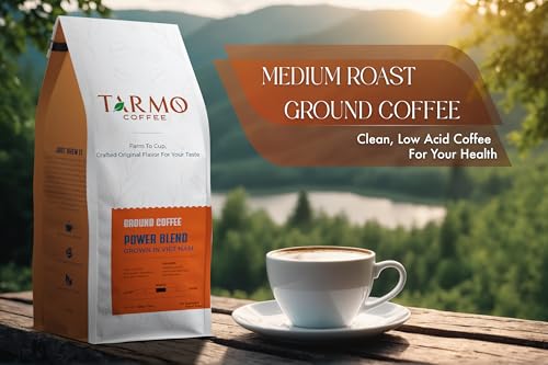Tarmo Coffee | POWER BLEND - Low Acid Ground Coffee, Vietnamese Coffee, Premium Arabica & Robusta Blend,Medium Roast Coffee, 12 Oz Bag