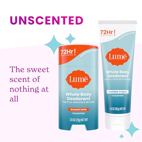 Lume Whole Body Deodorant - Invisible Cream and Solid Unscented - 72 Hour Odor Control - Aluminum & Baking Soda Free, Skin Safe - 3 oz Cream & 2.6 oz Solid Bundle