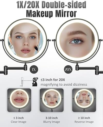 Wall Mounted Makeup Mirror with Light, 20X/1X 8'' Double Sided LED Magnifying Bathroom Lighted Vanity Mirror with Magnification, 3 Color Light up Touch Dimmable Extended Arm 360 Rotation