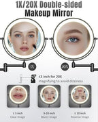 Wall Mounted Makeup Mirror with Light, 20X/1X 8'' Double Sided LED Magnifying Bathroom Lighted Vanity Mirror with Magnification, 3 Color Light up Touch Dimmable Extended Arm 360 Rotation