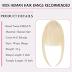 ORIGEN Clip in Bangs Real Human Hair Clip on Wispy Bangs Fringe with Temples Hairpieces Fake Front Bangs Extensions for Women Yellow Blonde Color