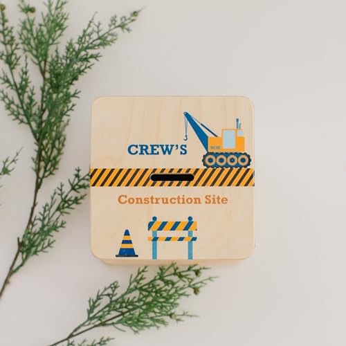 Wooden Piggy Bank for Kids and Adults, Personalized Gift Handmade in USA by BloomOwl, Custom Piggy Bank, Personalized Banks for Kids, Gifts for Baby Boys and Girls (Construction- Navy)