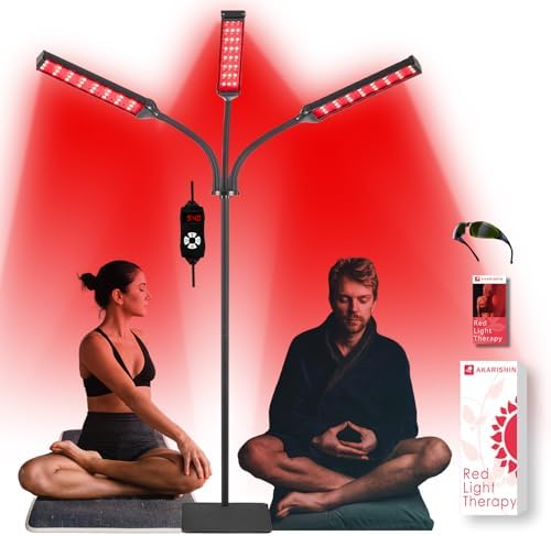 Red Light Therapy Lamp with Adjustable Stand, Timer, Height, Brightness - 660nm, 660nm+850nm, 660Nm+940nm- Effective for Body and Skin Vitality, 3-Head,Black,27W