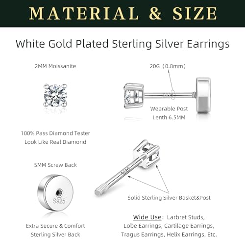 14K Gold Plated 925 Sterling Silver Moissanite Stud Flat Back Earrings for Women 0.06ct-2ct DF Color Brilliant Round Cut Lab Created Diamond Earrings | Jewelry Gifts