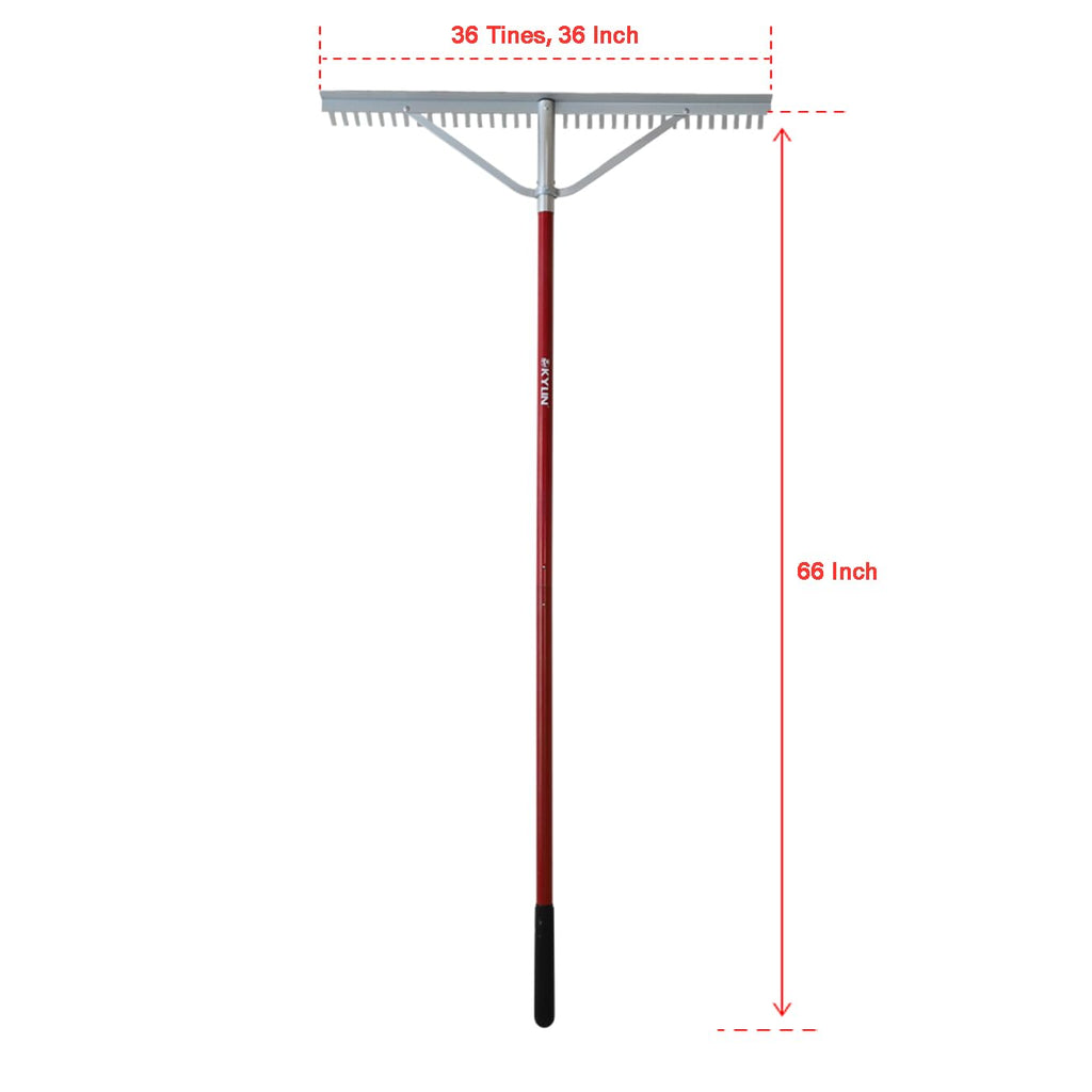 KYLIN 36 Inch / 36 Tines Aluminum Landscape Rake with 66 Inch Extra-Long Handle, Versatile Rake for Lawn Care,Loosening Soil, Weeding, Leveling Gravel, Beach Sand - Lighweight & Rust Proof