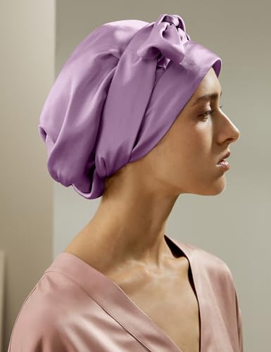 LilySilk 100% Silk Bonnet Pure Mulberry Silk Sleep Cap Womens Natural Silk Bonnet for Sleeping and Hair Care Night Hair Wrap with Long Elastic Band Stay On Lavender