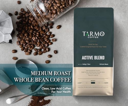 Tarmo Coffee | ACTIVE BLEND - Low Acid Coffee, Vietnamese Coffee, Robusta & Arabica Blend, Premium Whole Bean, Medium Roast, 12 Oz Bag