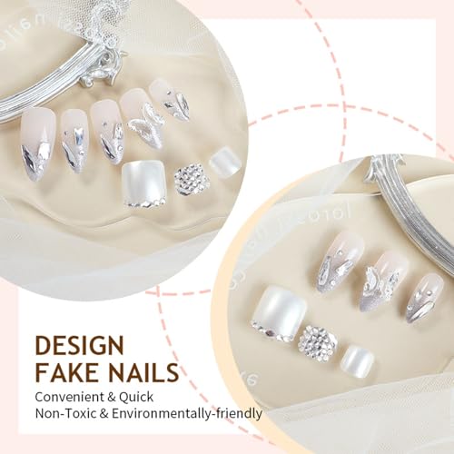 48Pcs Rhinestones Press on Nails Toenails Medium Almond Glossy Silver Glitter Acrylic False Nails 3D Butterfly Fake Nails Gel Glue on Nails for DIY Manicure Stick on Nails for Coquette Women Girls