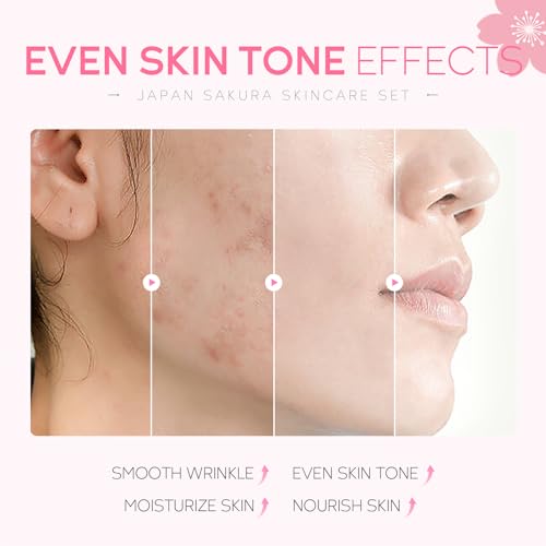Skin Care Set JAPAN SAKURA Women Beauty Gift Sets Skin Care Kit with Cleanser, Toner, Lotion, Serum, Eye Cream, Face Cream Travel Kit for Women Teen Girls Mom Daughter TSA-friendly Sizes 6pcs