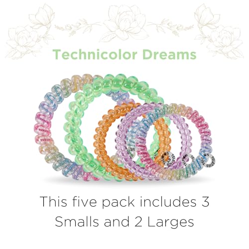 TELETIES - Mixed Spiral Hair Coils - Spring Collection - Ponytail Holder Hair Ties for Women - Phone Cord Hair Ties - Strong Grip, No Rip, Water Resistant, No Crease - 5 pack - Technicolor Dreams