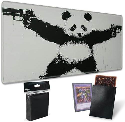Playmats for Magic: The Gathering MTG Card Game Mat Plus 50 Pcs Card Sleeves, 24 x 14 inch TCG Mat with Stitched Edge for Commander Deck Duskmourn Board Game, Panda with Guns