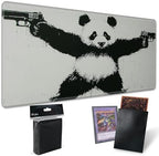 Playmats for Magic: The Gathering MTG Card Game Mat Plus 50 Pcs Card Sleeves, 24 x 14 inch TCG Mat with Stitched Edge for Commander Deck Duskmourn Board Game, Panda with Guns