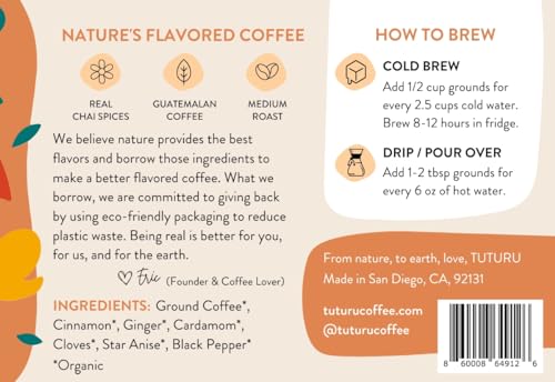 Organic Dirty Chai Ground Coffee - Medium Roast, Organic Flavored Coffee - Real Chai Spices - Smooth Low Acid - Perfect for Drip, Pour Over or Cold Brew - 8 oz, 22 Servings