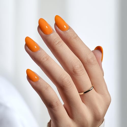 BTArtbox Press On Nails Short - Soft Gel Orange Press on Nails, Short Oval Fake Nails with Nail Glue, Fit Perfectly, Fall Glue On Nails in 16 Sizes Nail Kit for Spring Day, Maple