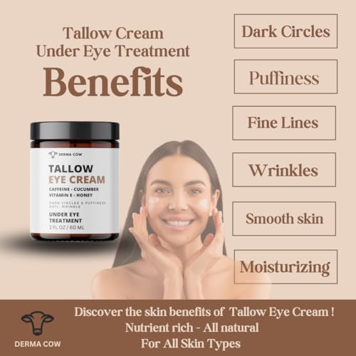 Tallow Eye Cream infused with Caffeine, Honey, Vitamin E and Cucumber, 100% Grass Fed Beef Tallow, Moisturizer , Dark Circles and Puffiness, Anti-Aging Cream , Anti-Wrinkle Under Eye Cream - 2oz