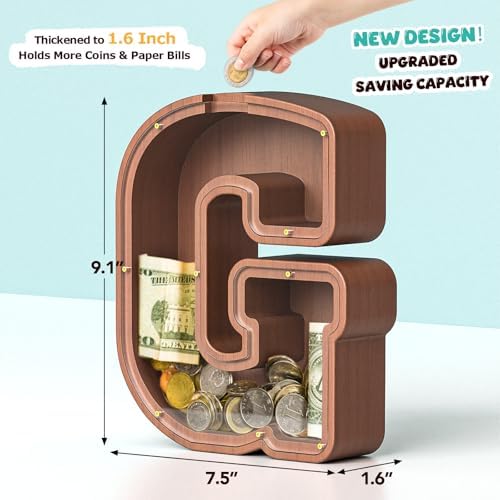 Summidate Wooden Letter Piggy Bank, Extra Thick Large Capacity Piggy Bank for Kids Boys Girls Toddler, Alphabet G Money Bank| Coin Box Birthday, Christmas, Festival