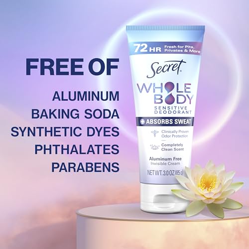 Secret Whole Body Deodorant Dry Feel Cream + Absorbs Sweat for Women, Completely Clean Scent, Aluminum Free Deodorant, 72 HR Odor Protection, 3.0 oz