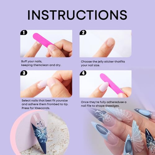 3D Flower Press on Nails 3D Curve Line False Nails French Tips Gel Glue on Long Stiletto Nails Glossy Blue French Tips Acrylic Fake Nails Pearls Stick on Nails for Coquette Women 24 Pcs