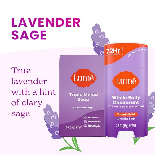 Lume Whole Body Deodorant And Soap - 2.6 Ounce Smooth Solid Stick With 72 Hour Odor Control (Pack of 2) and 5 Ounce Triple Milled Soap (Pack of 2) - Aluminum and Baking Soda Free (Lavender Sage)