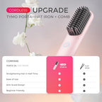 TYMO Porta Cordless Hair Straightener Brush, Portable Mini Straightening Brush for Travel, Negative Ion Hot Comb Hair Straightener for Women, Lightweight to Carry Out, USB Rechargeable, Blush