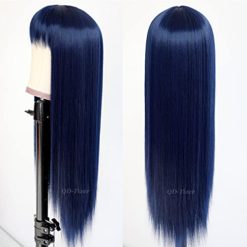 QD-Tizer Dark Blue Synthetic Hair Wigs with Full Bangs Blue Long Straight Women's Wig Heat Resistant Synthetic No Lace Wigs for Fashion Women 24 inch
