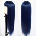 QD-Tizer Dark Blue Synthetic Hair Wigs with Full Bangs Blue Long Straight Women's Wig Heat Resistant Synthetic No Lace Wigs for Fashion Women 24 inch