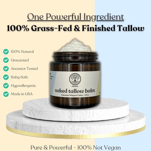 Beef Tallow for Skin | NAKED TALLOW BALM | 1 Ingredient - 100% Grass Fed Beef Tallow | Beef Tallow for Body & Face | Whipped & UNSCENTED for Sensititve Dry Skin, Babies, Eczema, Psoriasis, Rosacea (4oz)
