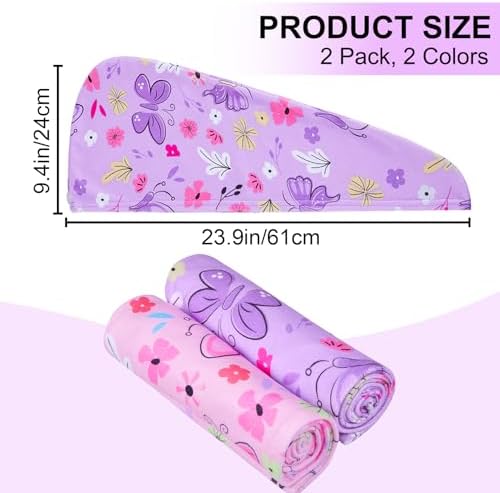 FIOBEE Microfiber Hair Towel Wrap for Kid Rapid Drying Towel Absorbent Hair Turbans for Wet Hair with Button Women Girls Long Curly Hair Pack of 2, Pink/Purple Butterfly