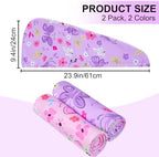 FIOBEE Microfiber Hair Towel Wrap for Kid Rapid Drying Towel Absorbent Hair Turbans for Wet Hair with Button Women Girls Long Curly Hair Pack of 2, Pink/Purple Butterfly