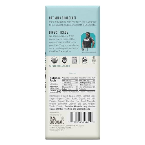 Taza Chocolate Organic Oat Milk Chocolate Bar, Classic, 2.5 Ounce (10 Count), Vegan