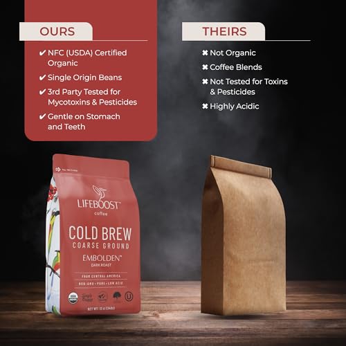 Lifeboost Dark Cold Brew Coffee - Low Acid Coarse Ground Coffee for Cold Brew - Single Origin Non-GMO USDA Organic Cold Brew Coffee Grounds - 3rd Party Tested For Mycotoxins & Pesticides - 12 Ounces