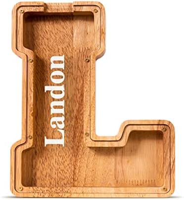 Summidate Customized Name Large Wooden Piggy Bank for Kids Boys Girls Alphabets Letter A-Z Coins Bills Money Change Bank Box Initial on Clear Cover (Laser Engraved) (Alphabet-L, Personalized-9")
