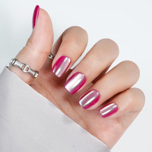 Press On Nails Red - Jofay Fashion Press On Nails Christmas Short Square for Gifts, Chrome Red Stick On Nails with Glue, Glossy Reusable Nail Tips in 16 Sizes - 32 Soft Gel Fake Nails Kit, Chrome Red