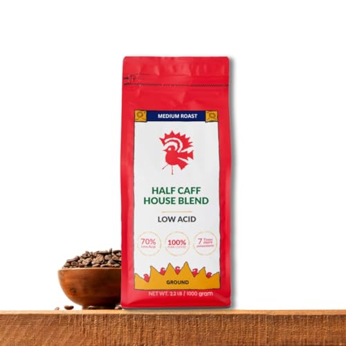 Puroast Low Acid Coffee Half Caff | Half Caff House Blend Ground | Medium Roast | High Antioxidants & High pH |No Bitter Aftertaste | Reduced Heartburn & GERD | Suitable for Cold Brew - 2.2 LB