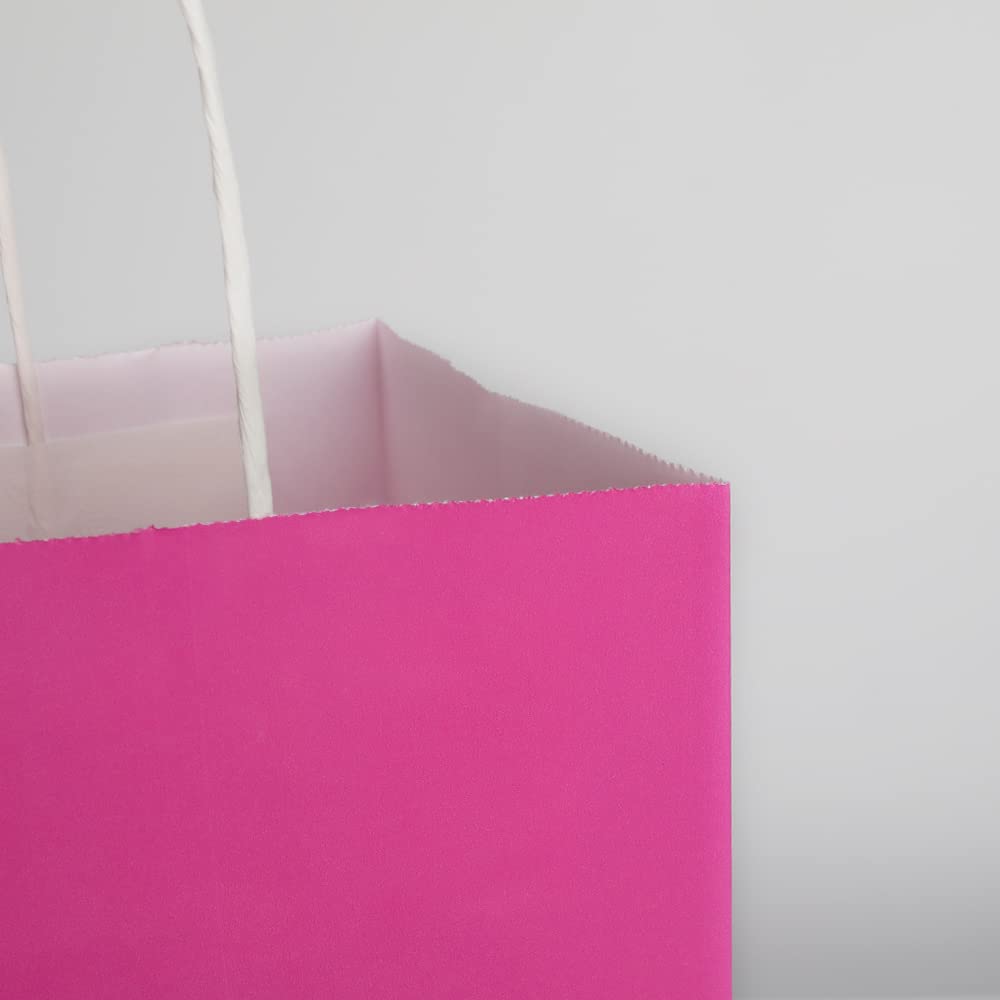 Oikss 100 Pack 5.25x3.25x8.25 Inch Small Hot Pink Kraft Paper Bags with Handles Bulk for Birthday Wedding Party Favors Grocery Retail Shopping Business Goody Craft Gift Bags Sacks (Fuchsia 100 Count)