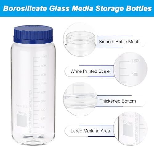 PATIKIL 2 Pack Reagent Media Storage Bottles, 1000ml Borosilicate Glass Wide Mouth Graduated Round Bottles with GL32 Blue Screw Cap for Lab Water Reagent Liquids, Clear