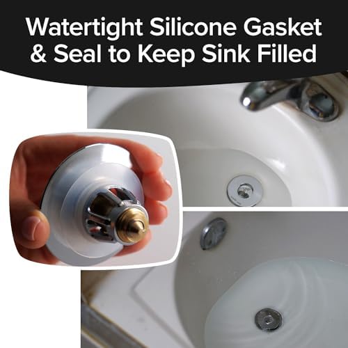 Drain Magic AS-SEEN-ON-TV Replace Broken or Missing Bathroom Drain Stoppers in Seconds, No Tools, Push To Fill, Hair Catcher Prevents Clogs, Watertight Silicone Seal,Chrome Plated Solid Brass