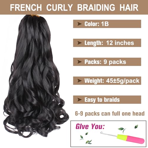 COOKOO 9 Packs 12 Inch French Curl Bob Braids Hair for Women 50g/pack Pre-Stretched French Curly Braiding Hair Natural Black Short Wave Curly Braiding Hair Extentions for BOHO Box Braids 1B#