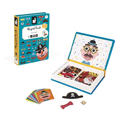 Janod - Magnetibook 83 Pc Magnetic Boy Crazy Face Dress Up Game - Decorating Fridge with Magnetic Letters - Enhances Creativity and Learning - Boosts Self-Confidence - Portable and Easy Storage