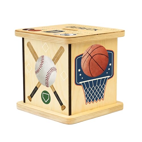 Wooden Piggy Bank for Kids and Adults, Personalized Gift Handmade in USA by BloomOwl, Custom Piggy Bank, Personalized Banks for Kids, Gifts for Baby Boys and Girls (Sports)