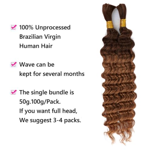 Human Braiding Hair 100g Deep Water Wave Bulk Human Hair for Braiding No Weft 10A Brazilian Virgin Curly Human Hair Extensions for Boho Braids (100g-26inch, T4/30-Deep)