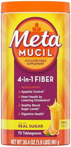 Metamucil Fiber, 4-in-1 Psyllium Fiber Supplement Powder with Real Sugar, Orange Smooth Flavored Drink, 72 Servings (Packaging May Vary), Coarse Texture, 1.9 Pound (Pack of 1)