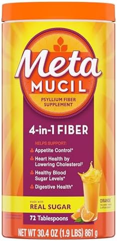Metamucil Fiber, 4-in-1 Psyllium Fiber Supplement Powder with Real Sugar, Orange Smooth Flavored Drink, 72 Servings (Packaging May Vary), Coarse Texture, 1.9 Pound (Pack of 1)
