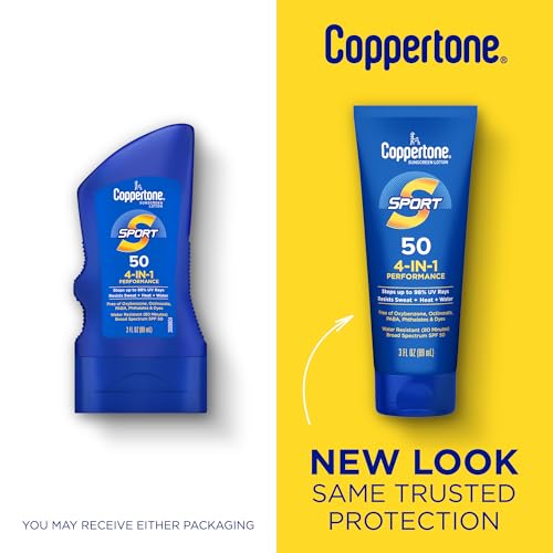 Coppertone Sport Sunscreen Lotion SPF 50, Sweat, Heat and Water Resistant Sunblock, Lightweight, Oxybenzone Free, Travel Size Sunscreen Bulk Pack, 3 Fl Oz Bottle, Pack of 6